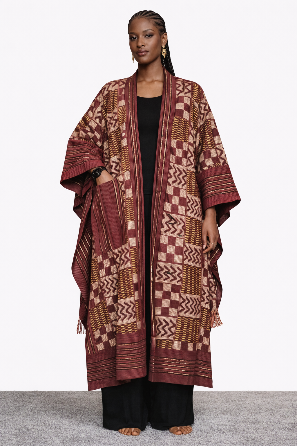 Tribal Aso-Oke Detail Kimono Set (2-Piece)  Pricing Notice: Kimono only – $80 | Full set (Kimono + Pants) – $110