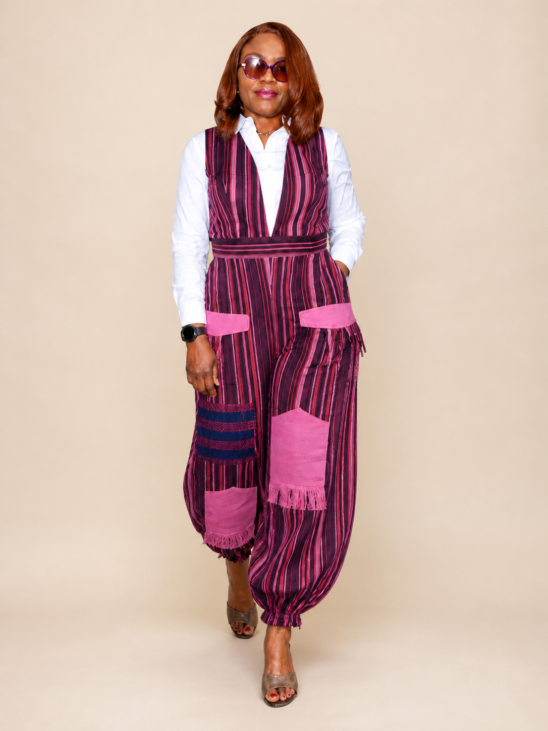 Artisanal Striped Barrel Jumpsuit with Fringe Details and Pockets