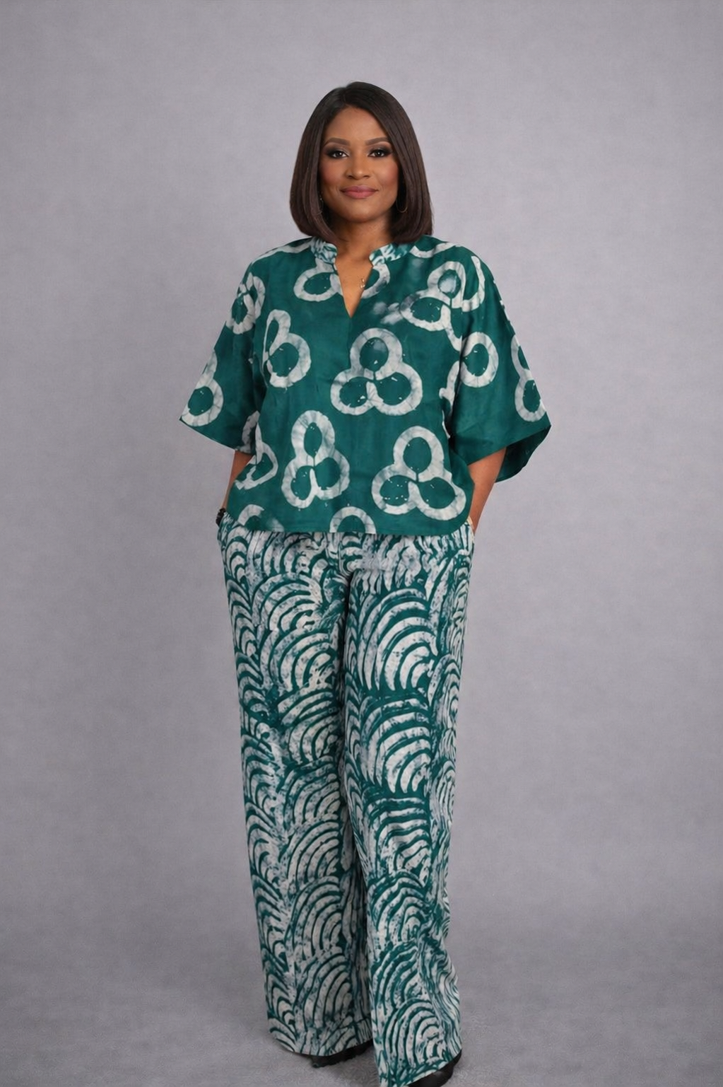 Adire High-Low Crop Top & Palazzo Pants Set (2-Piece)