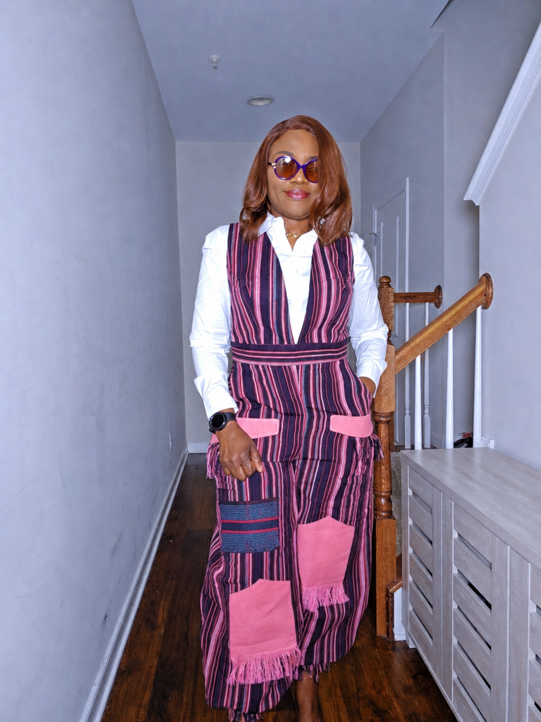 Artisanal Striped Barrel Jumpsuit with Fringe Details and Pockets