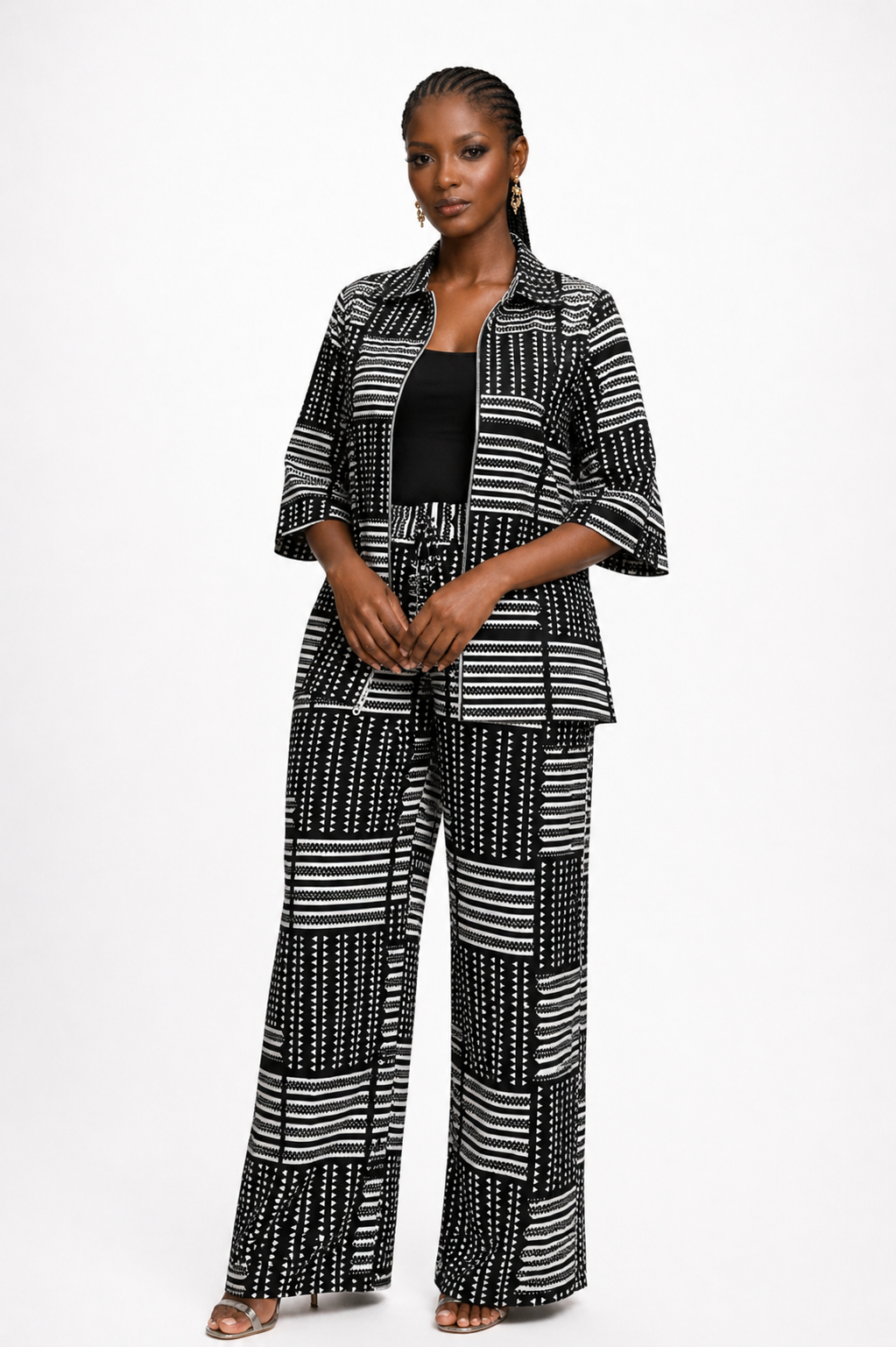 Geo Panel Print Set. Zip Jacket & Palazzo Pants