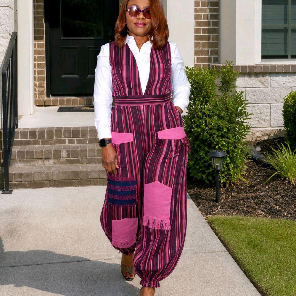 Artisanal Striped Barrel Jumpsuit with Fringe Details and Pockets